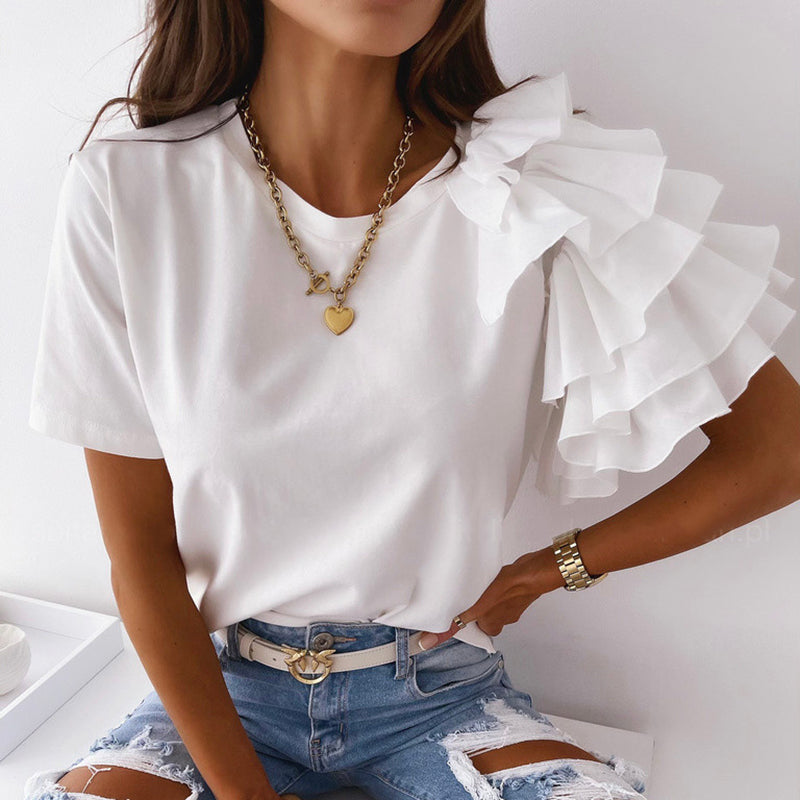 O Neck Solid Blouse Shirt Layered Ruffle Tops Blusa