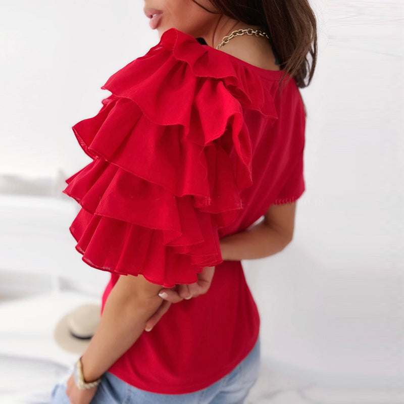 O Neck Solid Blouse Shirt Layered Ruffle Tops Blusa