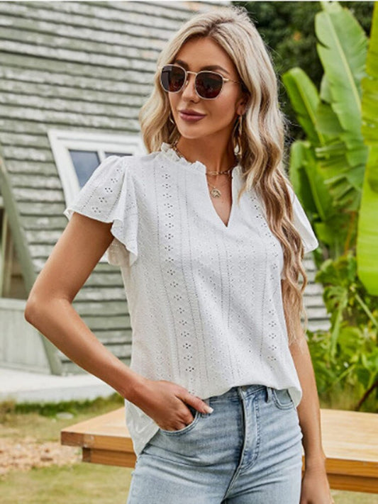 Ruffled Hollow-out Short-sleeve Casual Women Blouses