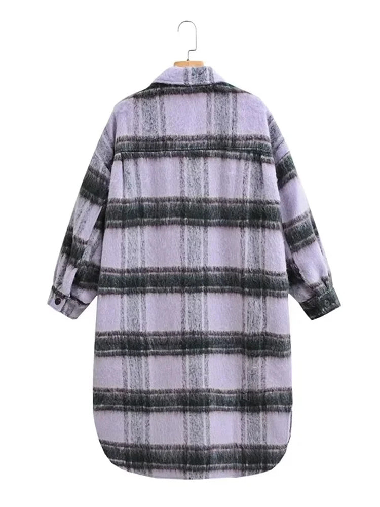 Purple Plaid Fluffy Autumn Winter Pockets Side Slit Long Coat Jacket